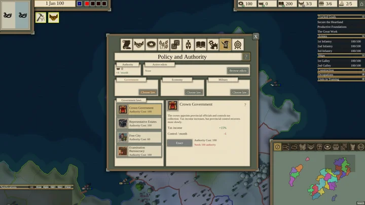 Iron Dice: Choose institutions and edicts for the realm.